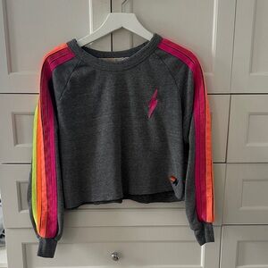 Aviator Nation BOLT CROPPED CREW SWEATSHIRT - HEATHER GREY/NEON STRIPES- S.